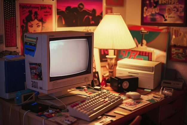 A vintage computer setup with 90s memorabilia