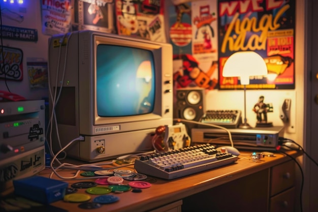 A vintage computer setup with 90s memorabilia