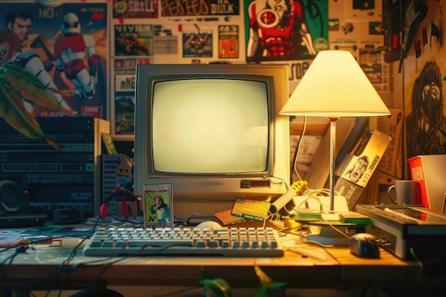 A vintage computer setup with 90s memorabilia