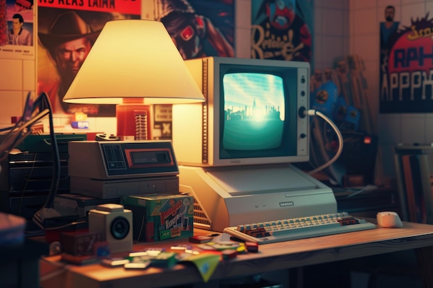 90년대 기념품이 들어있는 빈티지 컴퓨터 설정