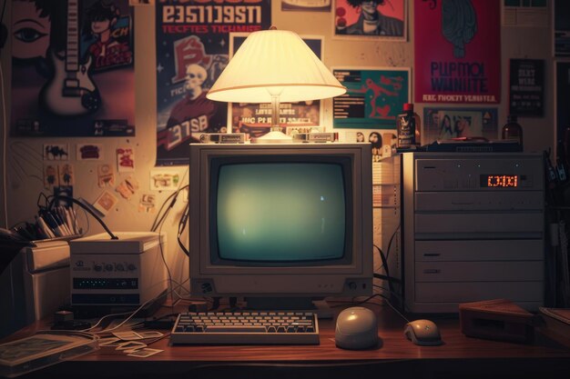 A vintage computer setup with 90s memorabilia