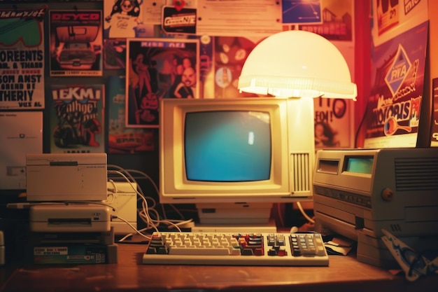 A vintage computer setup with 90s memorabilia