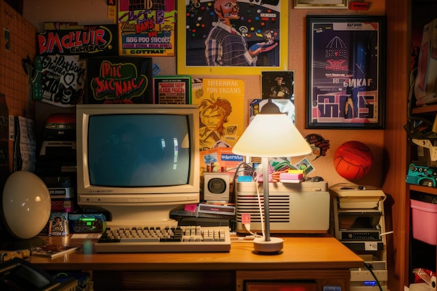 A vintage computer setup with 90s memorabilia