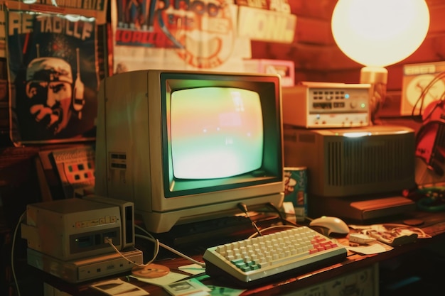 Photo a vintage computer setup with 90s memorabilia