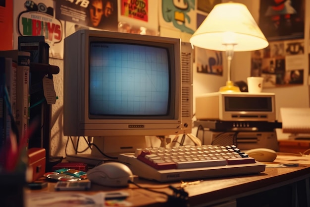 A vintage computer setup with 90s memorabilia