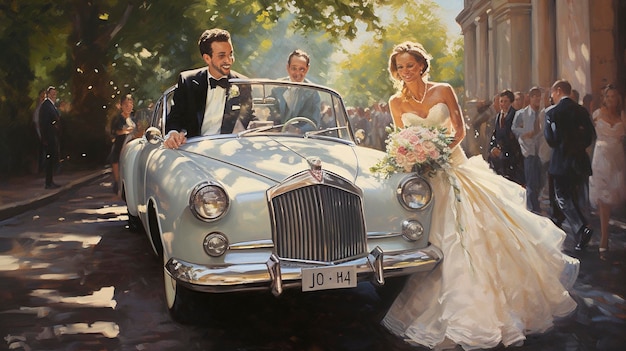 Vintage Convertible Wedding Car oil painting