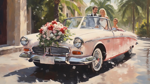 Vintage Convertible Wedding Car oil painting