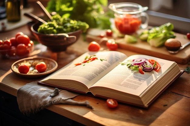 Фото Винтажная кулинарная книга открыта на кухонном столе и показывает рецепты