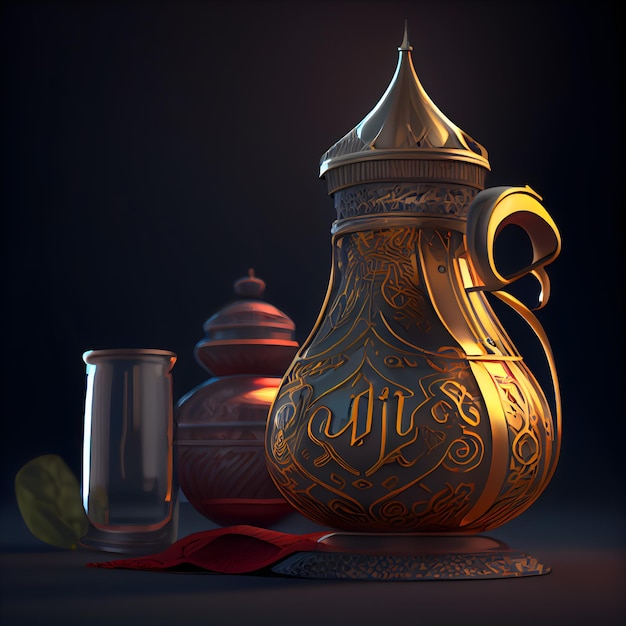 Vintage copper jug on dark background 3d render illustration