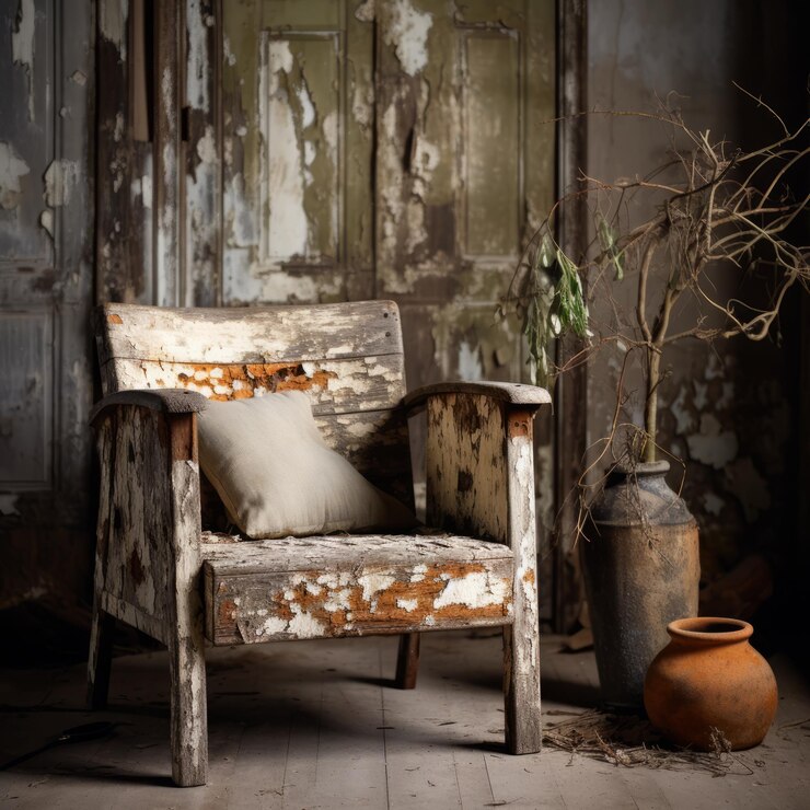 Photo vintage cotton armchair with rustic charm in an ecofriendly decaying room