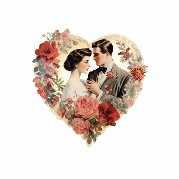 vintage couple on floral valentines shape with white background