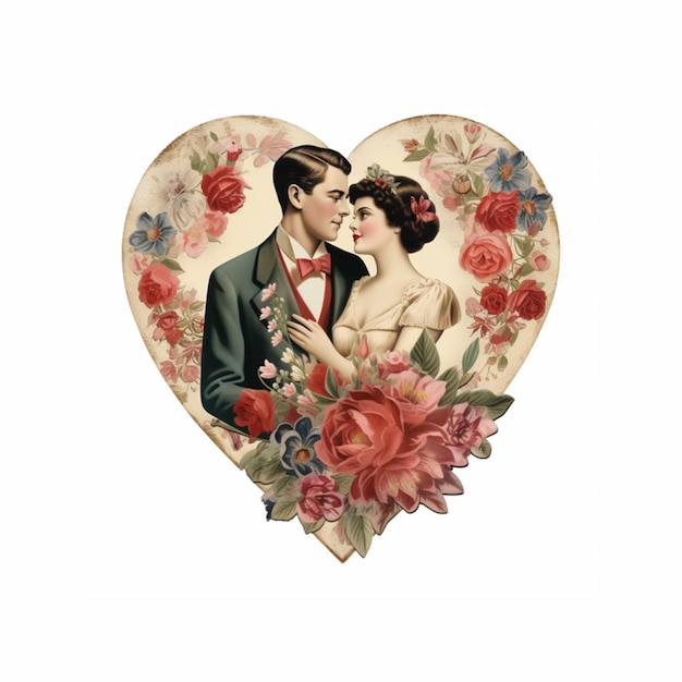 vintage couple on floral valentines shape with white background