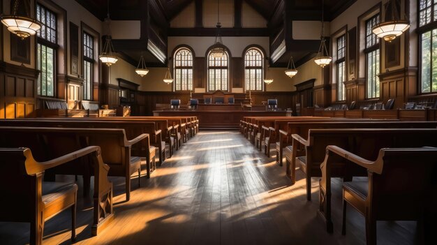 Vintage Courtroom Wooden Tables Chairs and Stained Glass Windows