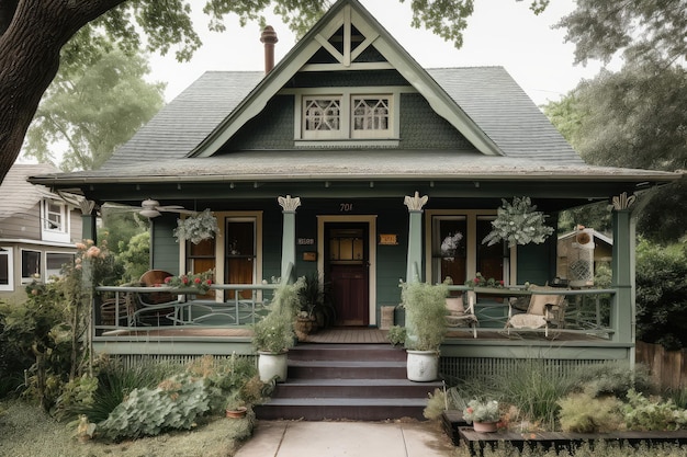 A vintage craftsman house with a wraparound porch and vintage decor