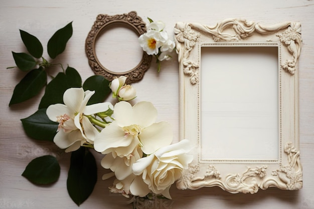 Винтажные рамки из кракелюра, цветы розы и орхидеи и деревянный фон с пустым пространством для фото или письма, смотрящего вверх.