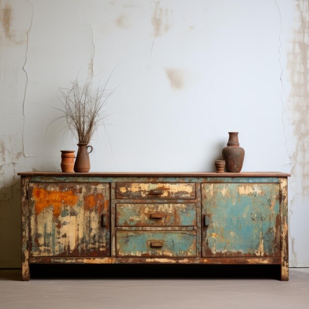 Vintage Credenza With Distressed Paint In Industrial Photography