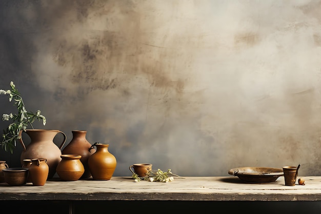 Vintage crockery and utensils on rustic background