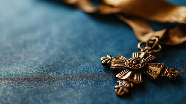 Vintage cross medal on blue fabric