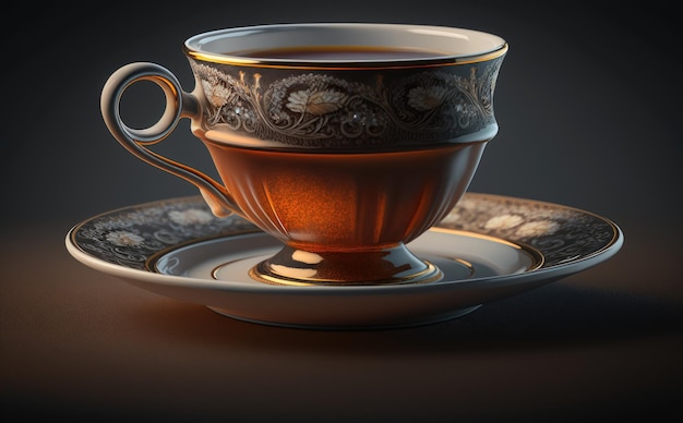 A vintage cup of tea with a gold rim. ai generated