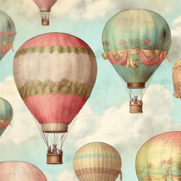 Vintage Cute Hot Air Ballons oud papier rommel dagboek digitaal papier