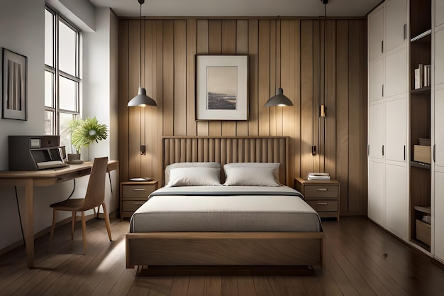 Vintage decoration of a comfortable bedroom with wooden furniture and a ceiling fan