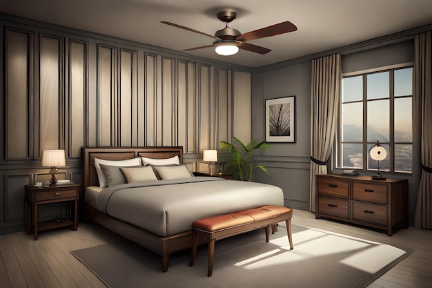 Винтажное украшение комфортной спальни с деревянной мебелью и потолочным вентилятором