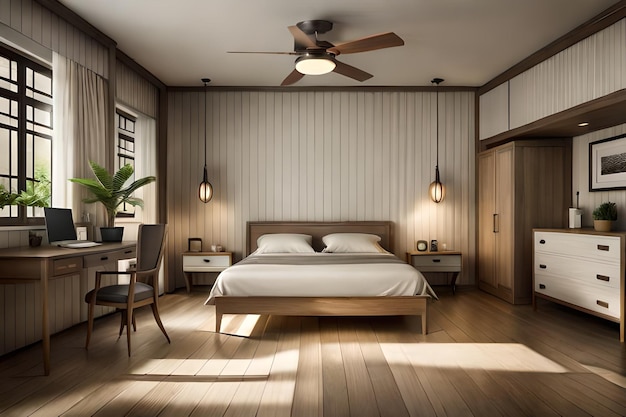 Vintage decoration of a comfortable bedroom with wooden furniture and a ceiling fan