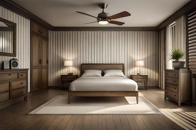 Vintage decoration of a comfortable bedroom with wooden furniture and a ceiling fan