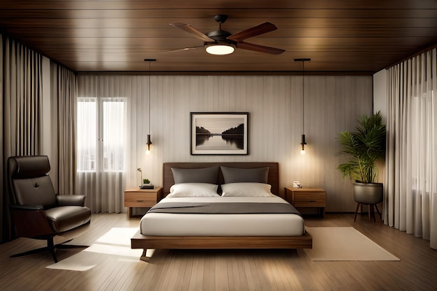 Vintage decoration of a comfortable bedroom with wooden furniture and a ceiling fan