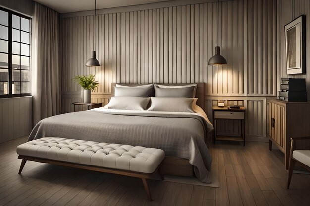 Vintage decoration of a comfortable bedroom with wooden furniture and a ceiling fan