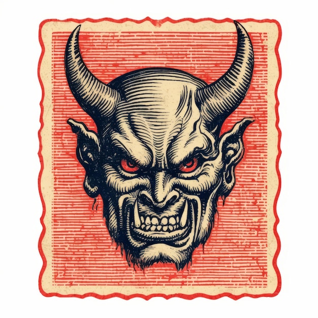 Photo vintage demon head vector stamp in americana style lithograph