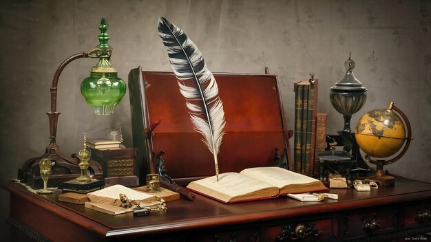 Vintage desk concept with feather