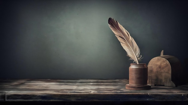 Vintage desk concept with feather