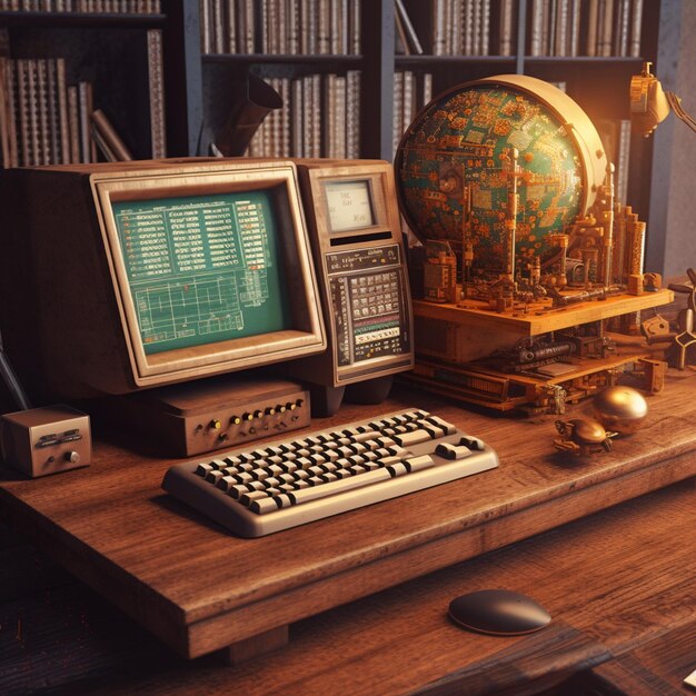 Vintage desk with computer calculator and globe 3d render