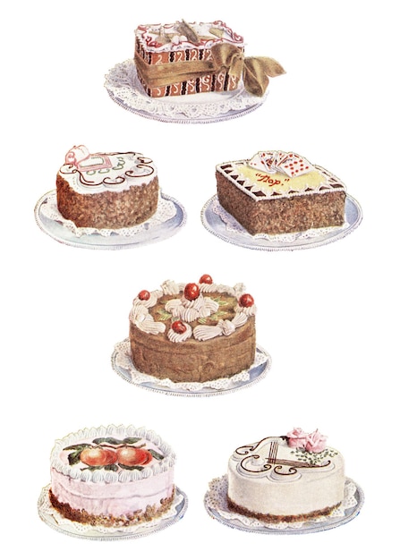 vintage dessert set of fancy cakes and gateaux illustration design resources