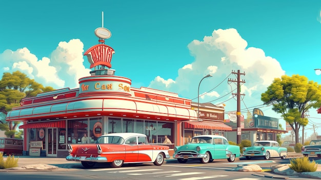 Vintage diner and classic cars in daylight