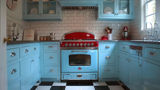 Vintage dinerinspired kitchen with checkered floors and retro appliances