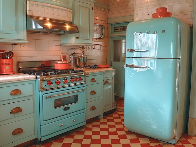 Photo vintage dinerinspired kitchen with checkered floors and retro appliances