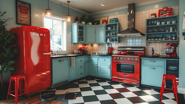 Vintage dinerinspired kitchen with checkered floors and retro appliancesd render