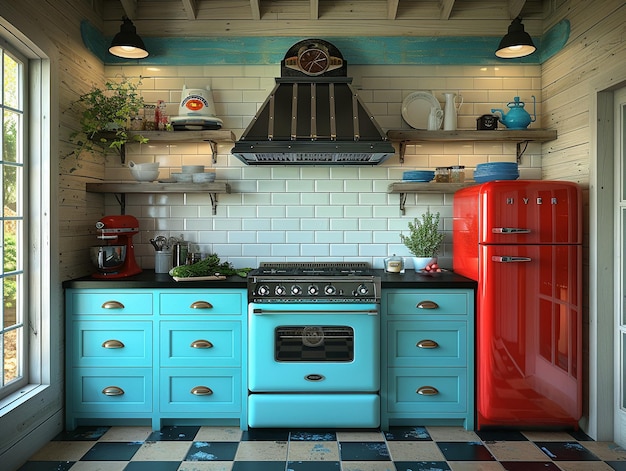 Vintage dinerinspired kitchen with checkered floors and retro applianceshyperrealistic