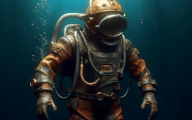 ビンテージのダイビング スーツとヘルメットのクラシックな水中服装 Generative AI