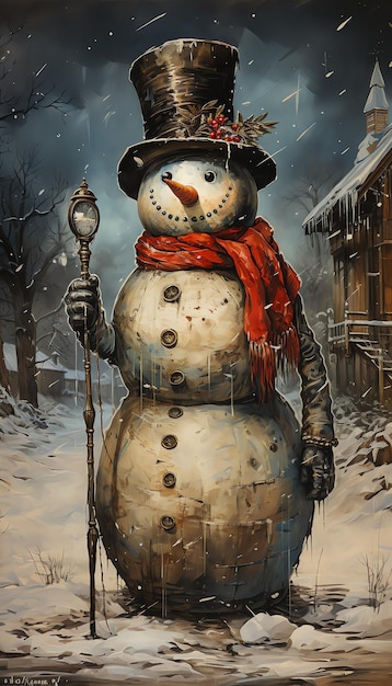 Photo vintage drawing of a smiling snowman