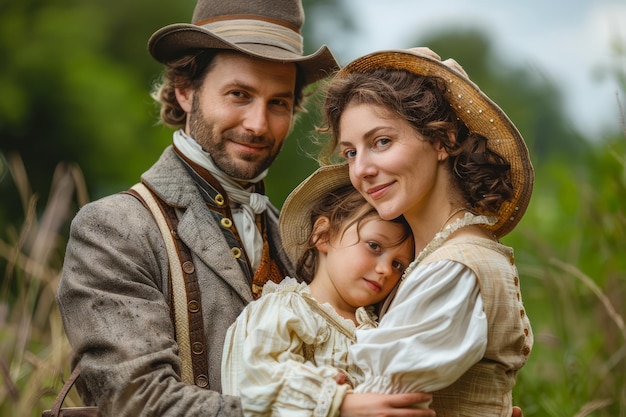 Foto famiglia vestita in stile vintage che si abbraccia in campagna ritratto di coppia in stile vittoriano con un bambino