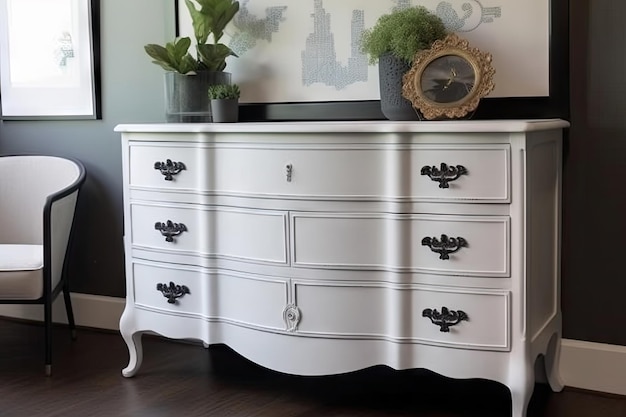 A vintage dresser with shabby chic paint paired with sleek and modern accessories