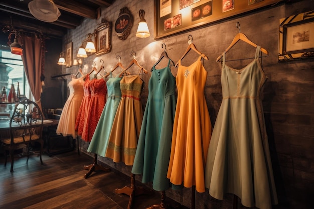 Vintage dresses hanging in a retro boutique created with generative ai