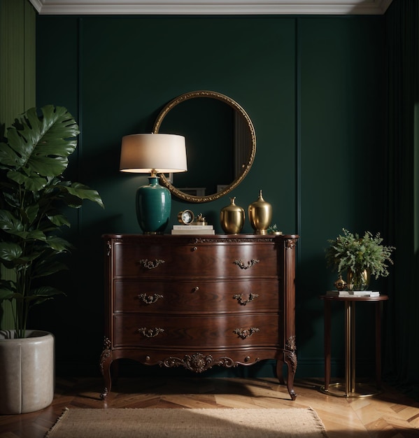 vintage dressoir met spiegellamp en planten in elegante kamer