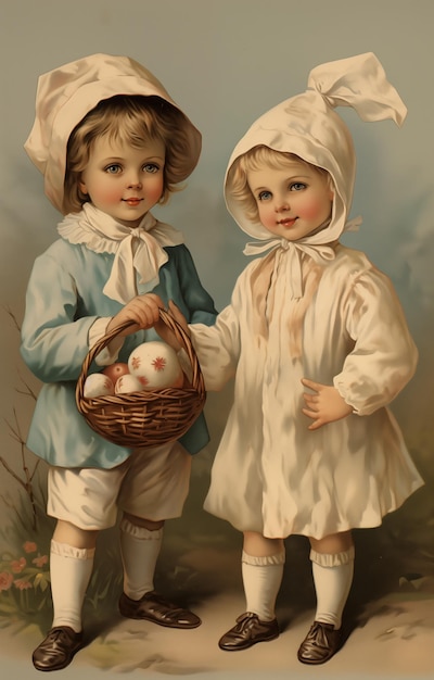 Vintage Easter card 19101930 Cute children with Easter accessories Happy Easter High resolution