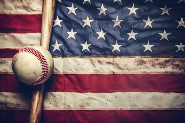Vintage effect op rustieke houten Amerikaanse vlag met close-up weergave van oude honkbal en traditionele houten vleermuis