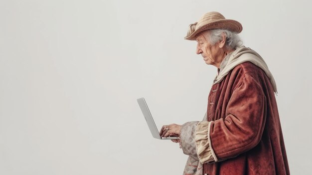 старый пожилой человек человек, работающий на ноутбуке король