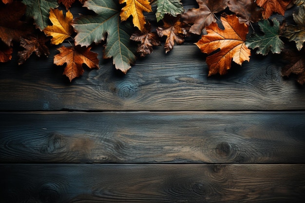 Vintage elegance Wooden surface hosts fall leaves border capturing autumns essence